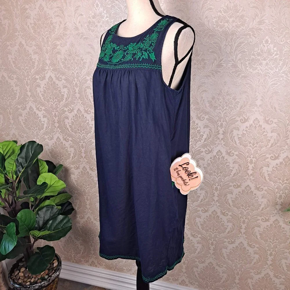 J Crew Size Medium Navy Blue Shift Dress Green Embroidery Linen/Cotton Slvls EUC